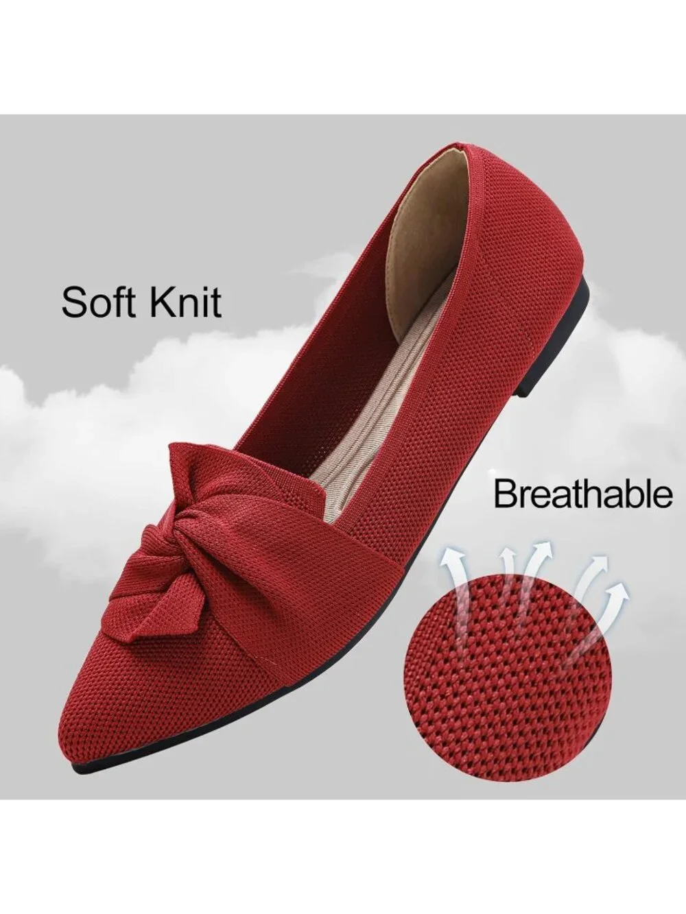 Women's Red Pointed Toe Ballet Flats with Bow Comfortable Knit Dressy Shoes